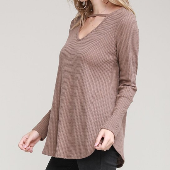 Mocha Pointed-Hem Choker-Cutout Tunic - Picture 3 of 5